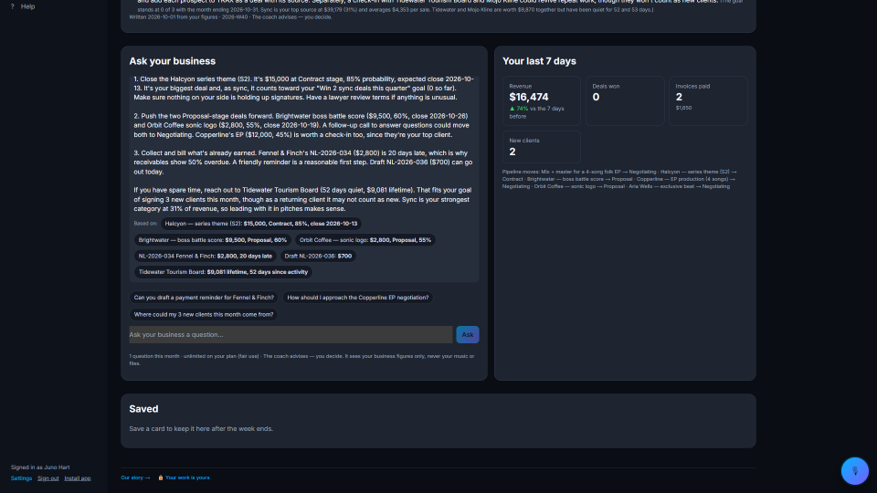 AI Business Coach screenshot (demo account with fictional data)