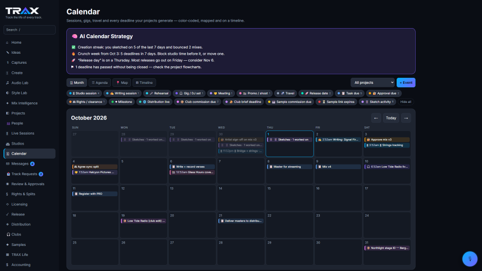 Calendar + Master Dashboard screenshot (demo account with fictional data)