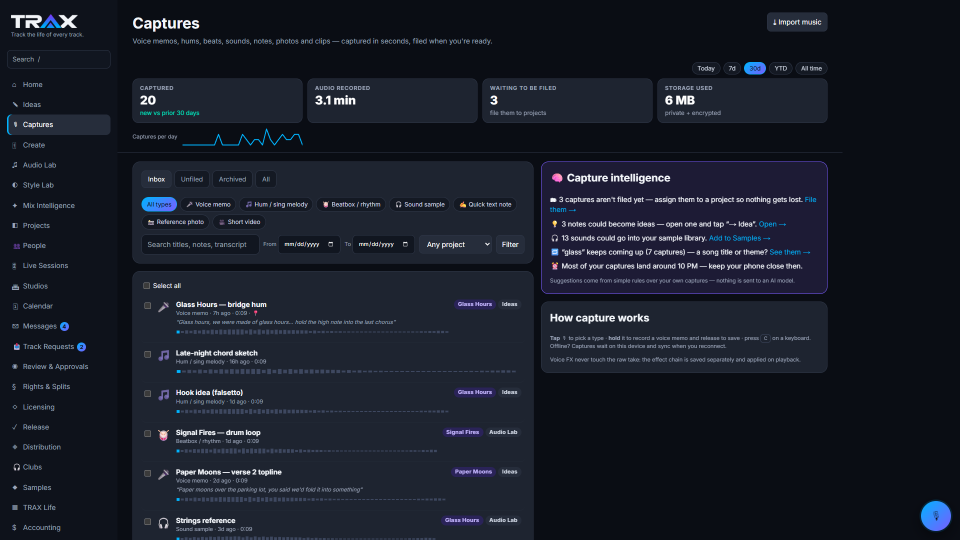 Captures library screenshot (demo account with fictional data)