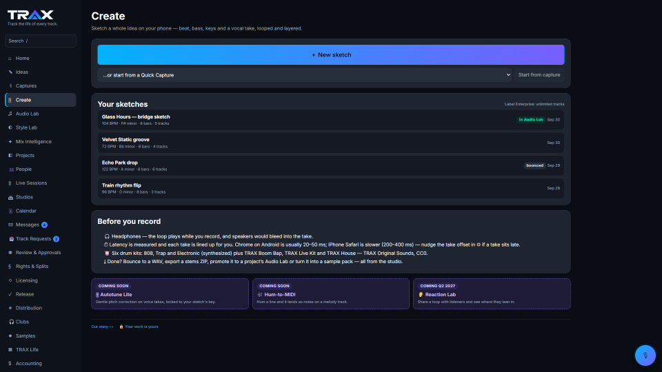 Mobile Creation Studio screenshot (demo account with fictional data)