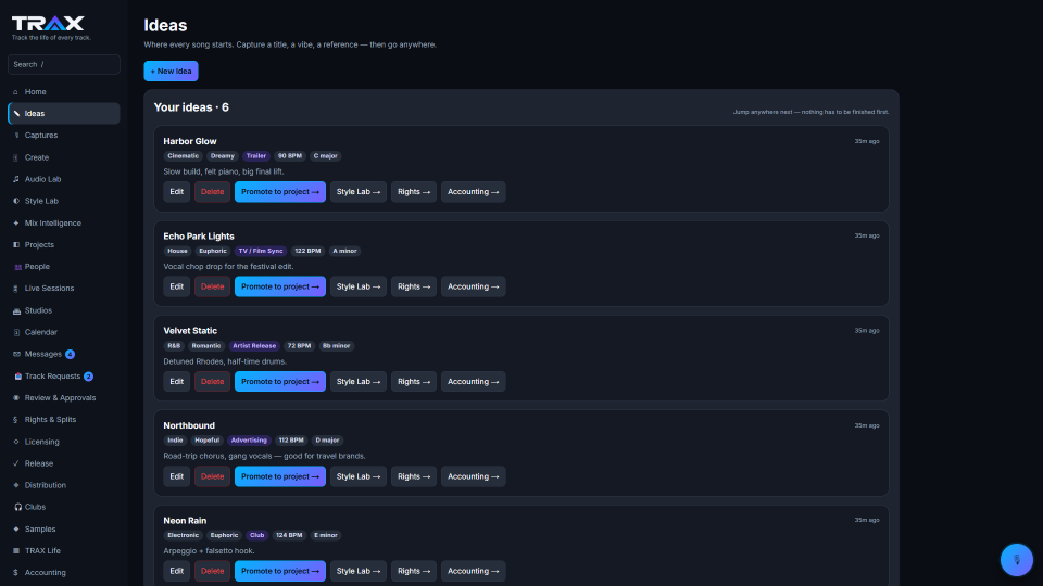 Ideas Inbox screenshot (demo account with fictional data)