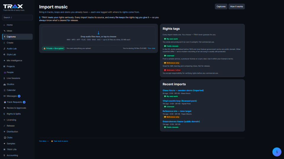 Music import screenshot (demo account with fictional data)