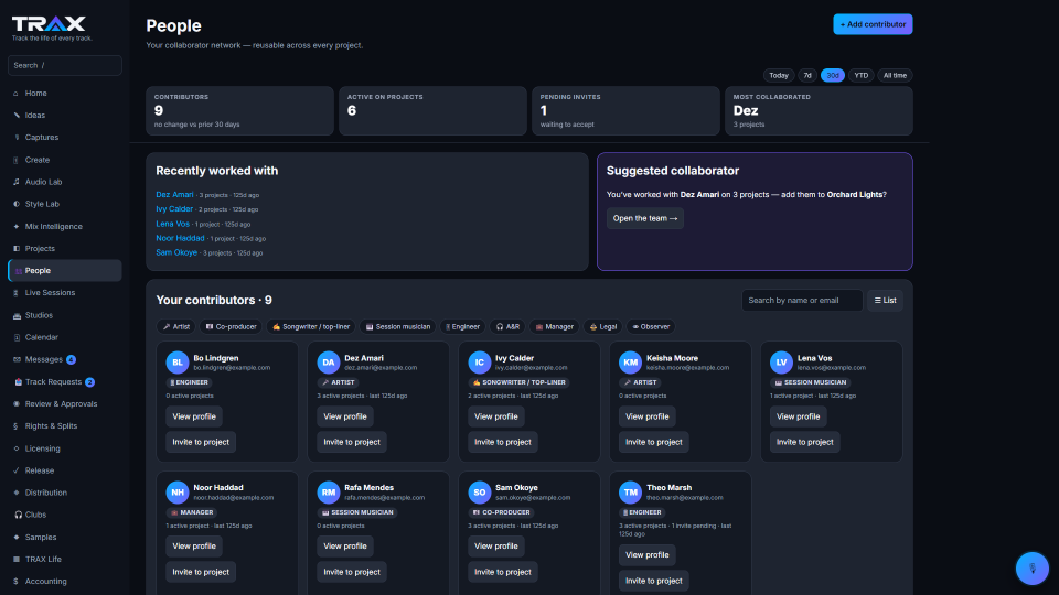 Projects & Team screenshot (demo account with fictional data)