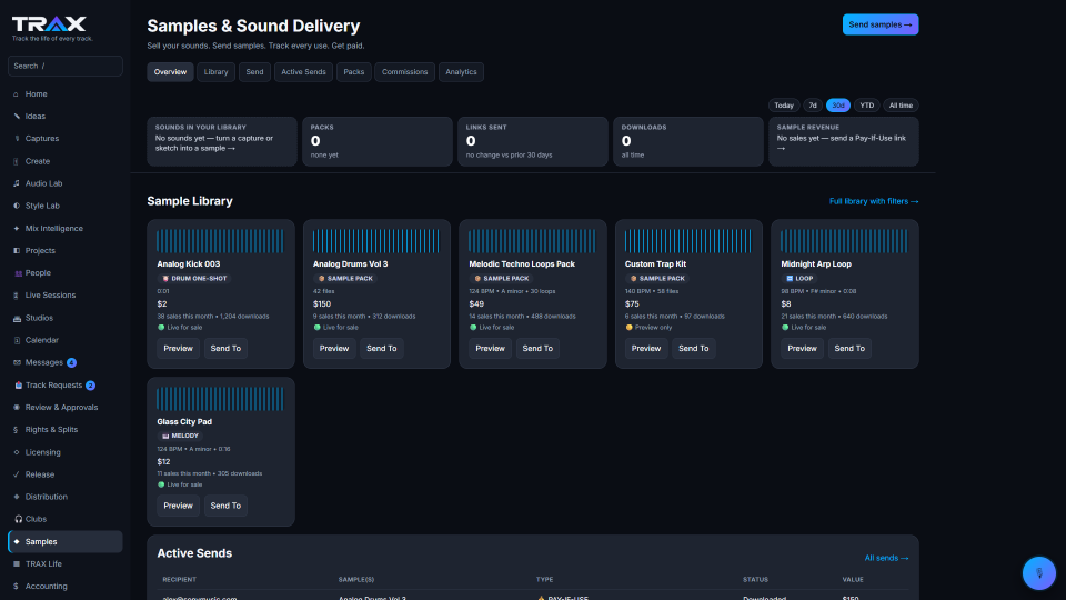 Samples screenshot (demo account with fictional data)
