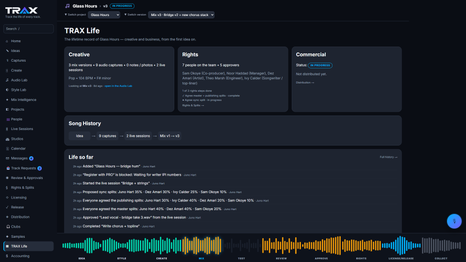 TRAX Life screenshot (demo account with fictional data)
